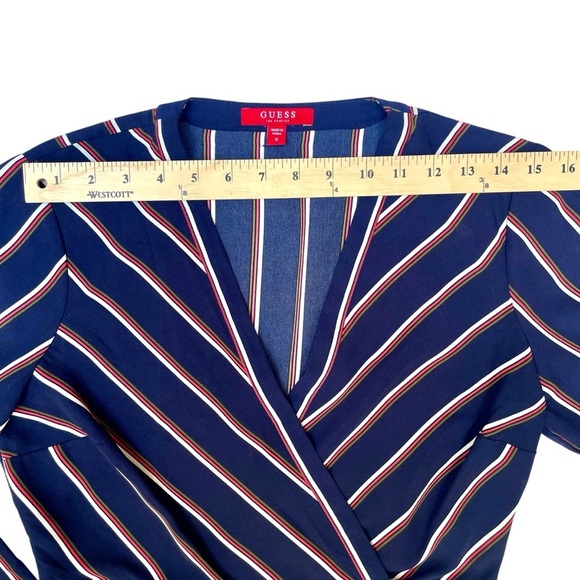 Guess Navy Striped V-Neck Blouse Size S - Long Puff Sleeves, Preppy Corpcore - Picture 12 of 15